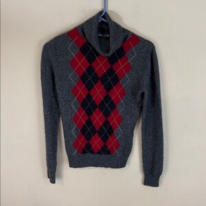 Apt 9 100% Cashmere Grey and Red Argyle Turtleneck Sweater Size M
